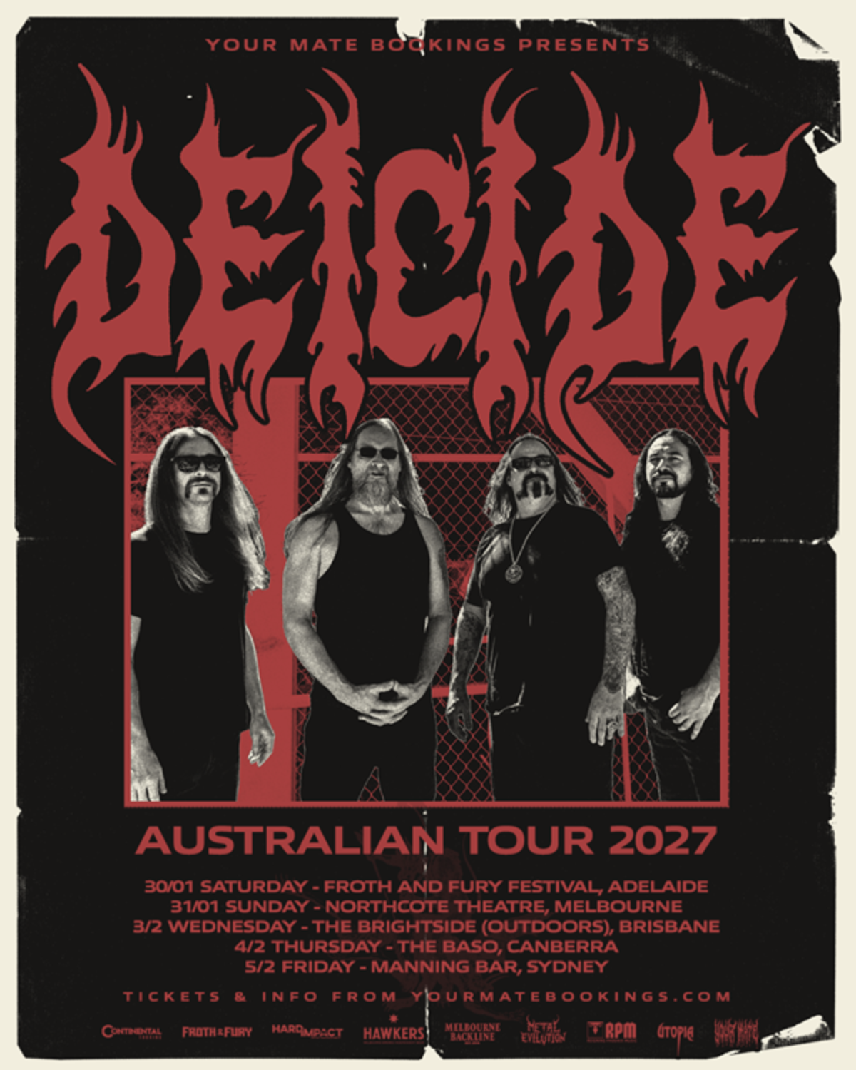 Deicide Australian Tour 2027 poster featuring death metal band photo, red text, and January-February tour dates and venues